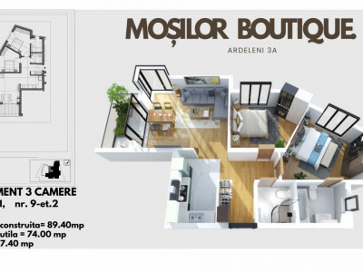Ultracentral Dacia-Mosilor 3 camere, terasa